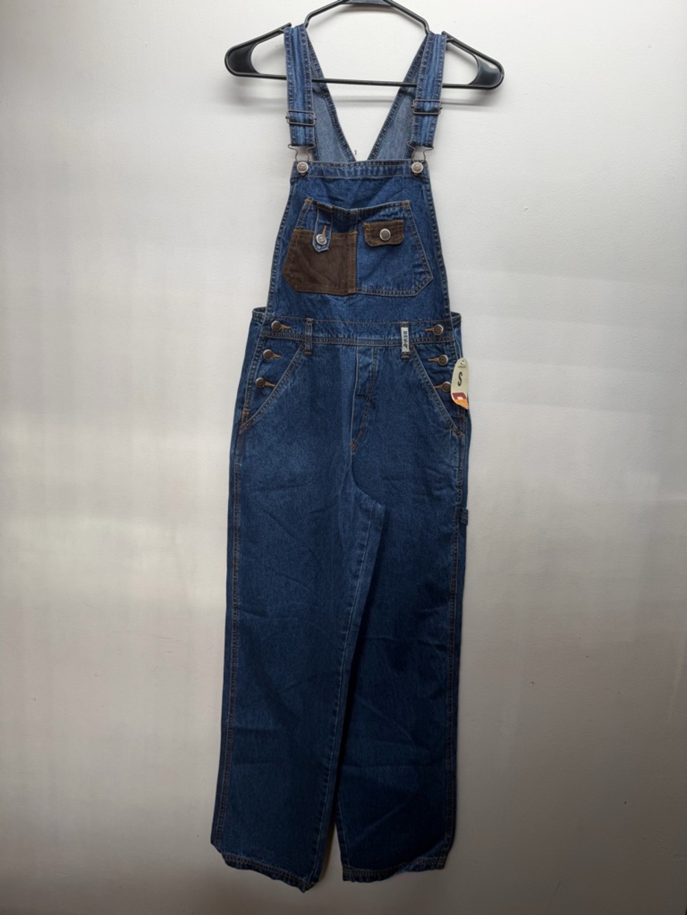 NWT Vintage Blue Denim Overalls with Brown Accent Pocket